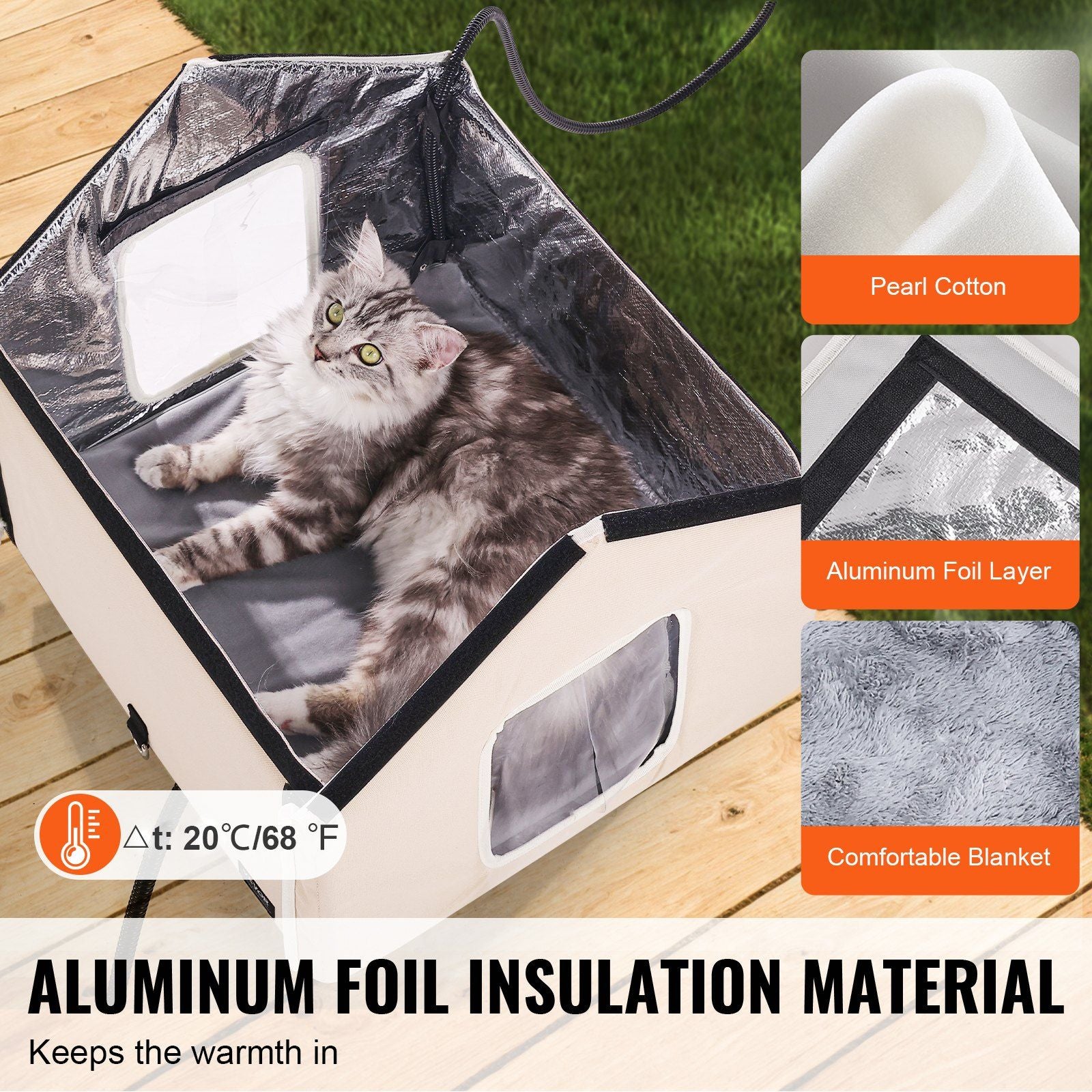 Elevated Heated Cat House, Outdoor Kitty Shelter with Timer, 600D Oxford Cloth Foldable Cat Shelter with Heated Pad for Winter to Stay Warm and Cozy, Brown (Middle)