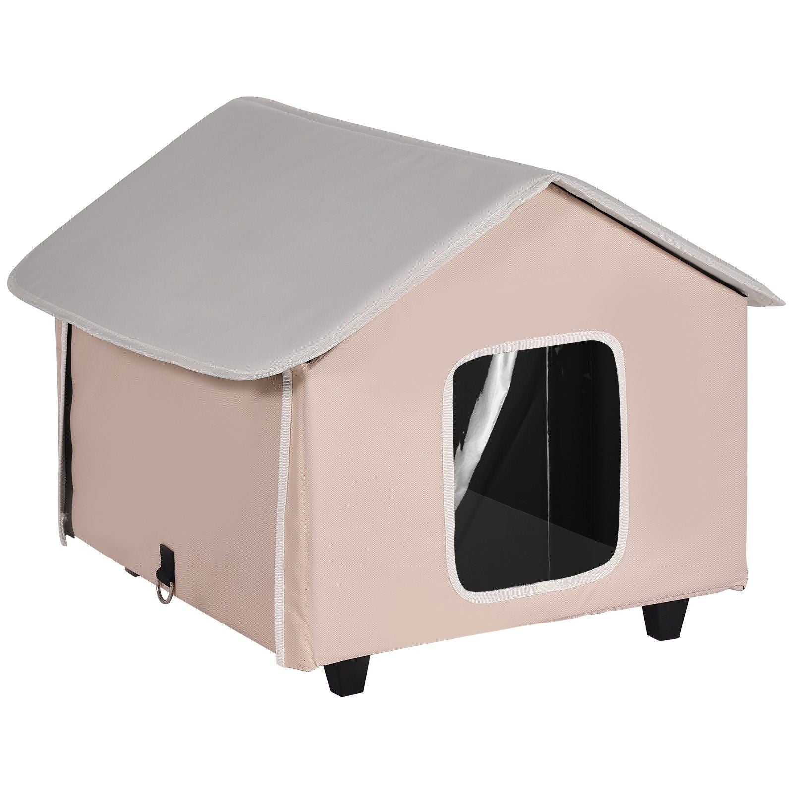 Elevated Heated Cat House, Outdoor Kitty Shelter with Timer, 600D Oxford Cloth Foldable Cat Shelter with Heated Pad for Winter to Stay Warm and Cozy, Brown (Middle)