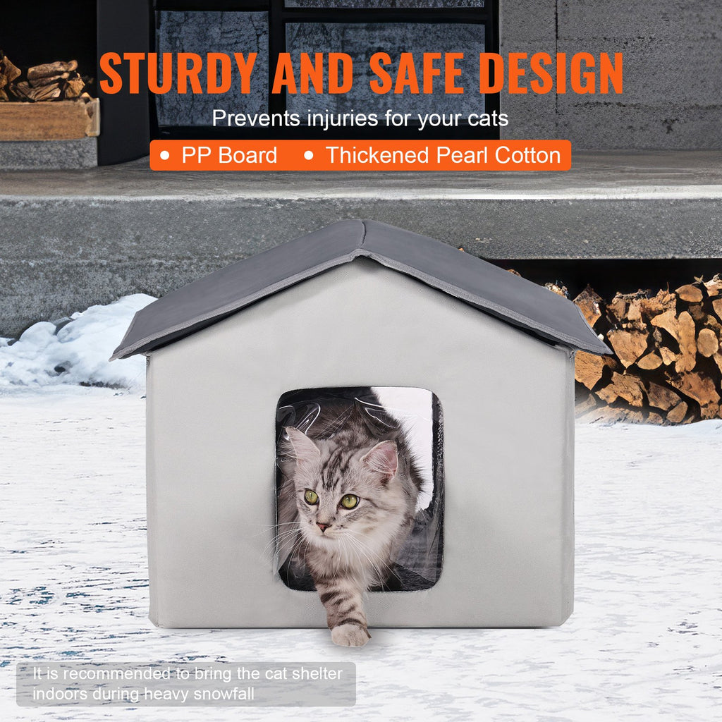 Heated Cat House, Outdoor Kitty Shelter with Timer, 600D Oxford Cloth Foldable Cat Shelter with Heated Pad for Winter to Stay Warm and Cozy, Gray (Middle)