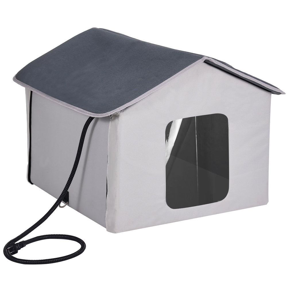 Heated Cat House, Outdoor Kitty Shelter with Timer, 600D Oxford Cloth Foldable Cat Shelter with Heated Pad for Winter to Stay Warm and Cozy, Gray (Middle)