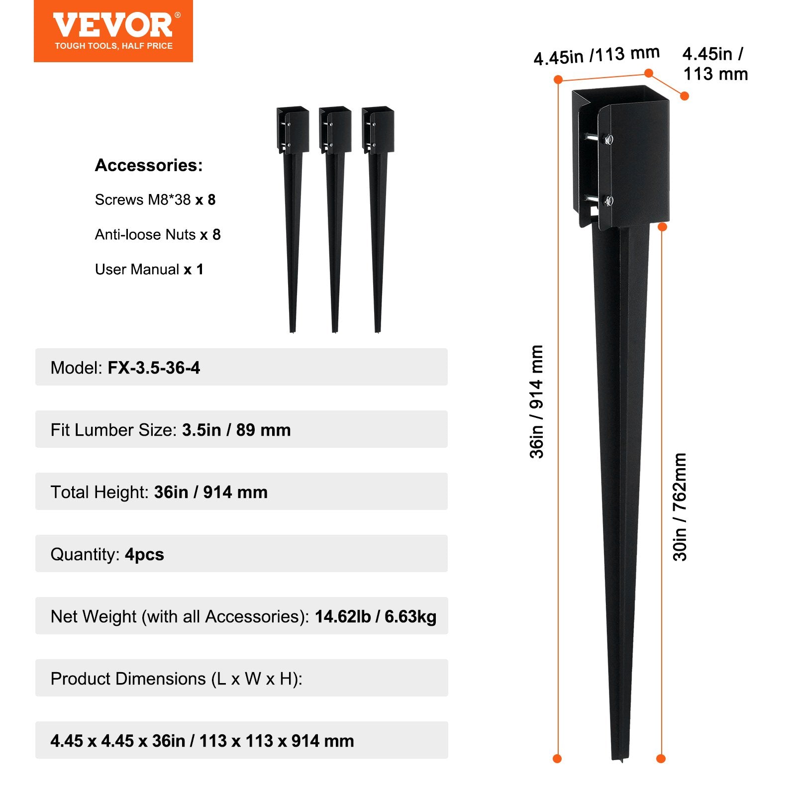 Fence Post Anchor Ground Spike 4 Pack 36 x 4 x 4 In Metal Fence Stakes