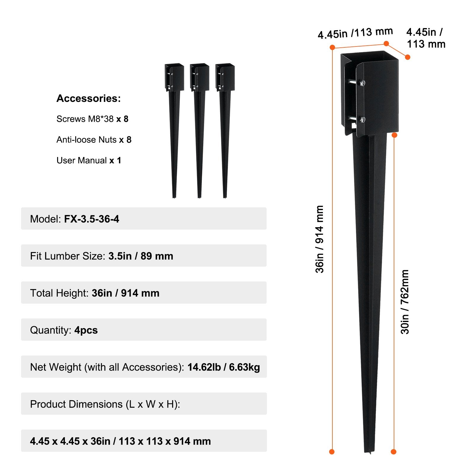 Fence Post Anchor Ground Spike 4 Pack 36 x 4 x 4 In Metal Fence Stakes
