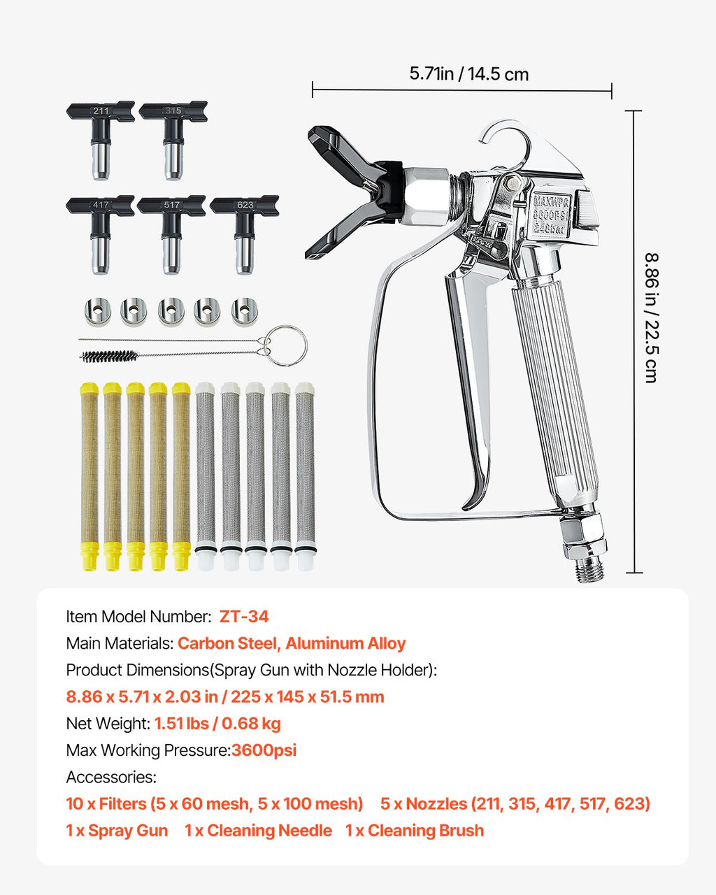 Airless Paint Spray Gun 3600PSI High Pressure Airless Spray Gun with 5Tips