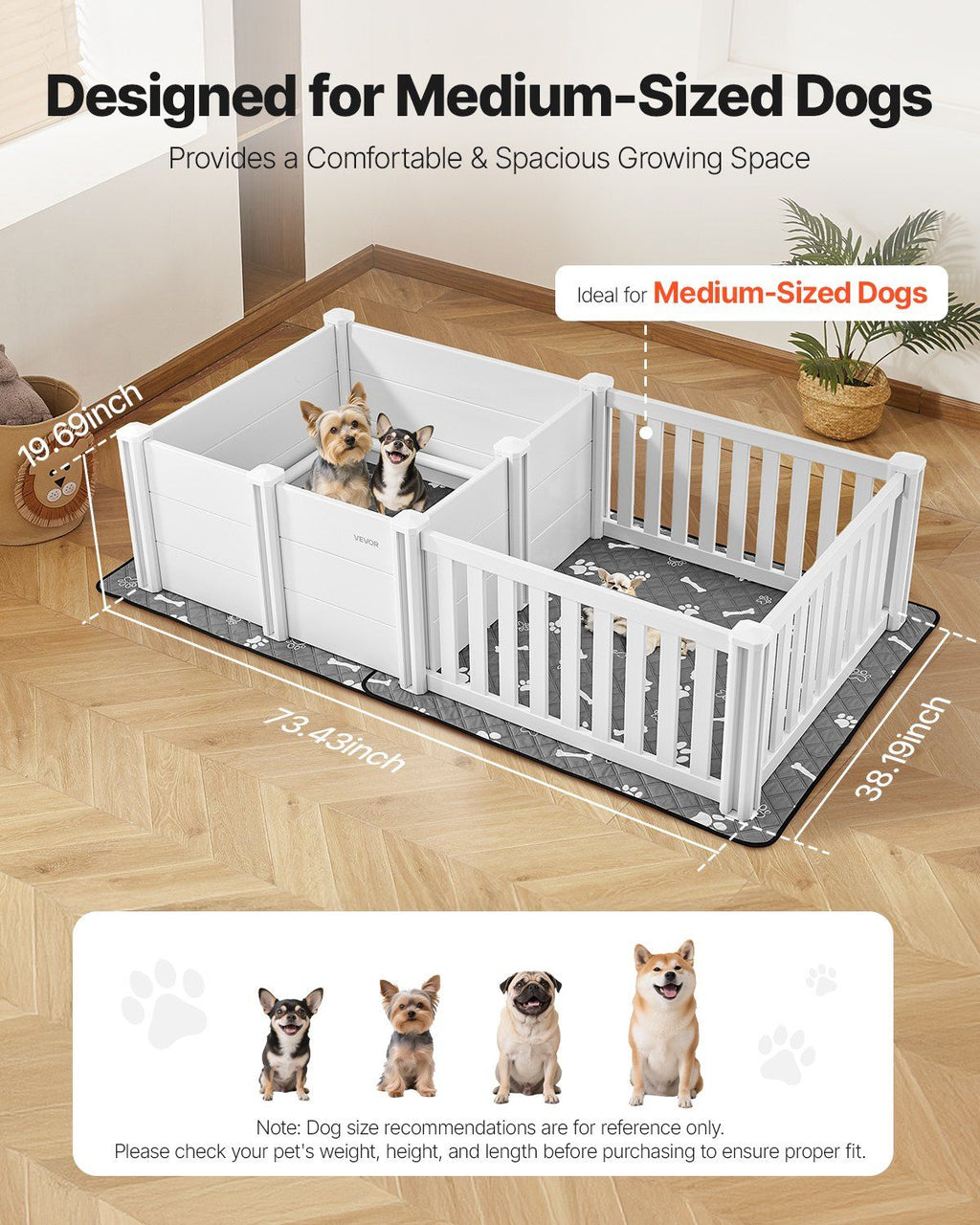 Dog Whelping Box, 1.86x0.97x0.5 m, Plastic Dog Whelping Pen with Adjustable Height Door, Puppy Playpen with Waterproof Pee Pad, Easy to Clean, Durable Indoor Pet Birth Kit for Medium Sized Dogs