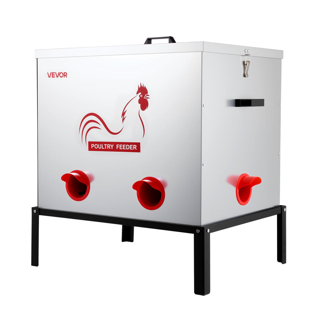 Automatic Chicken Feeder, 38.56 kg Capacity, 6 Feeding Ports No-Waste Poultry Feeder with Built-In Divider, with Latch & Handle, Metal Construction, for Chickens Bantams Pheasants Poultry Coop