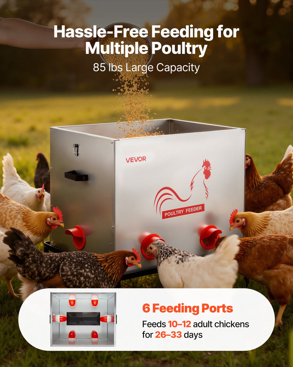Automatic Chicken Feeder, 38.56 kg Capacity, 6 Feeding Ports No-Waste Poultry Feeder with Built-In Divider, with Latch & Handle, Metal Construction, for Chickens Bantams Pheasants Poultry Coop