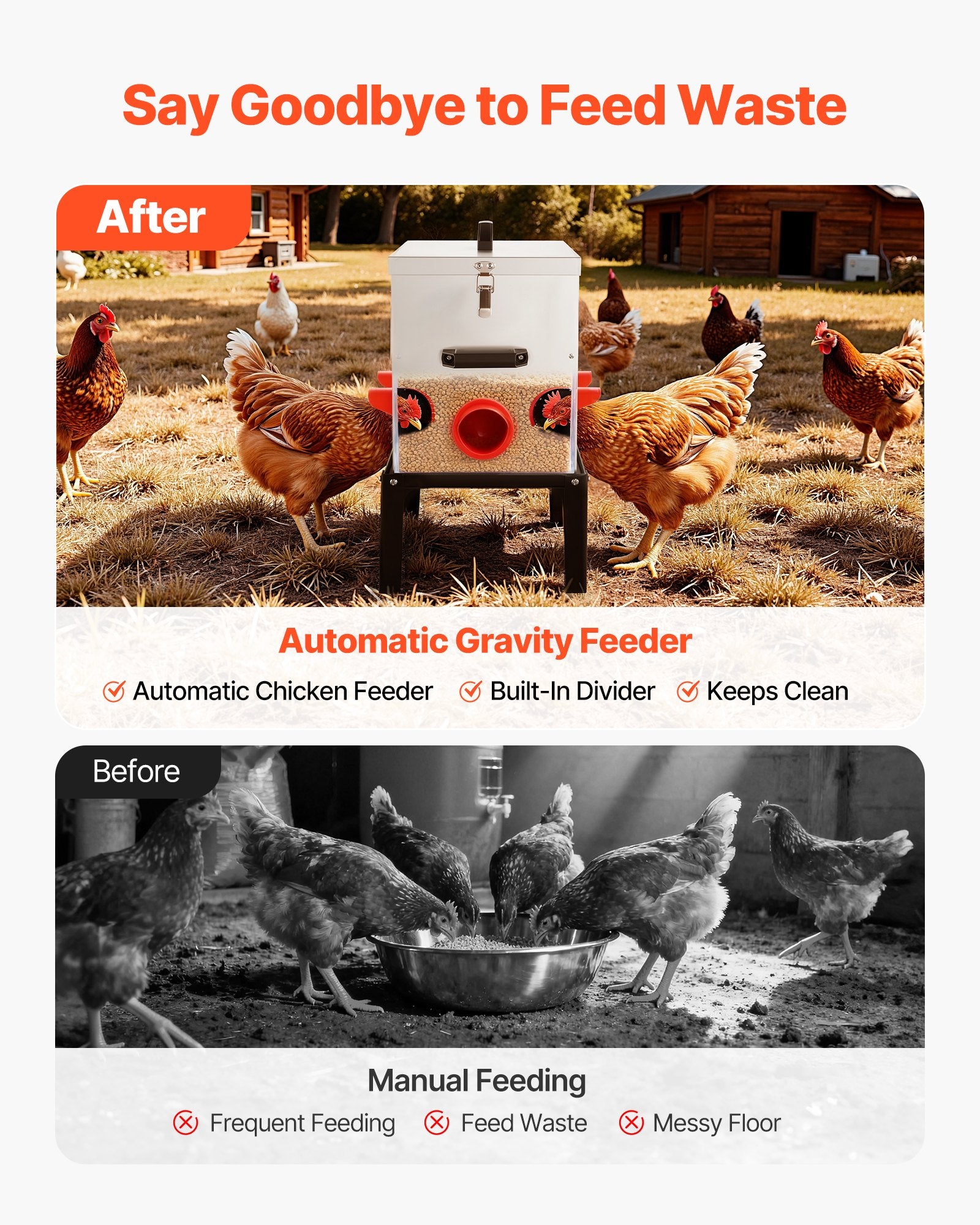 Automatic Chicken Feeder, 38.56 kg Capacity, 6 Feeding Ports No-Waste Poultry Feeder with Built-In Divider, with Latch & Handle, Metal Construction, for Chickens Bantams Pheasants Poultry Coop