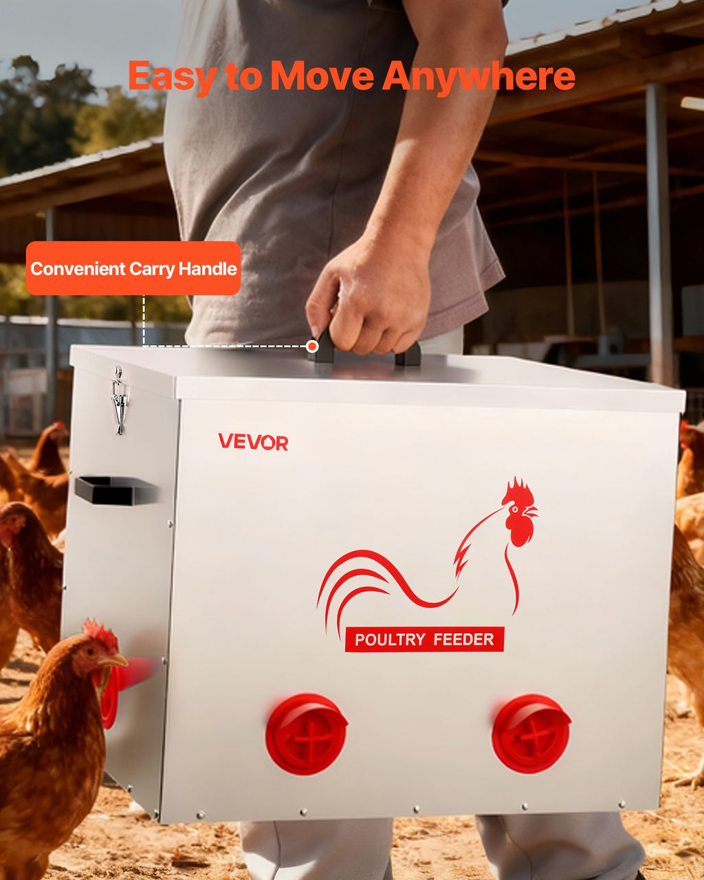 Automatic Chicken Feeder, 38.56 kg Capacity, 6 Feeding Ports No-Waste Poultry Feeder with Built-In Divider, with Latch & Handle, Metal Construction, for Chickens Bantams Pheasants Poultry Coop
