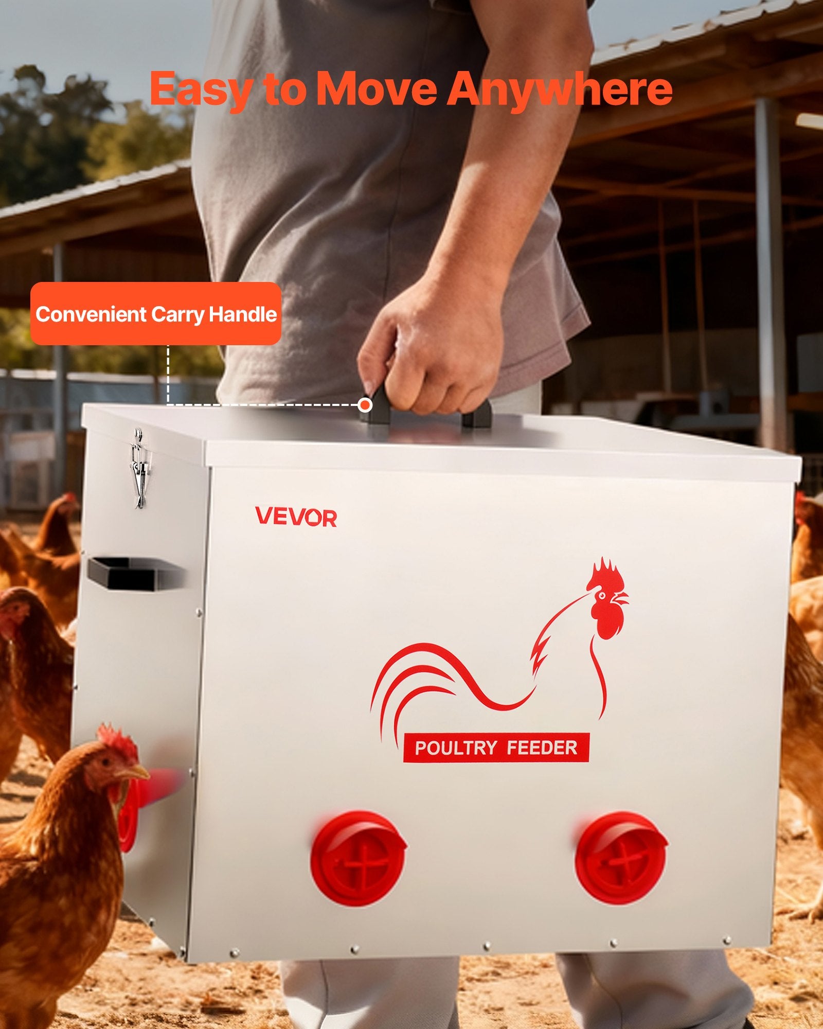 Automatic Chicken Feeder, 38.56 kg Capacity, 6 Feeding Ports No-Waste Poultry Feeder with Built-In Divider, with Latch & Handle, Metal Construction, for Chickens Bantams Pheasants Poultry Coop