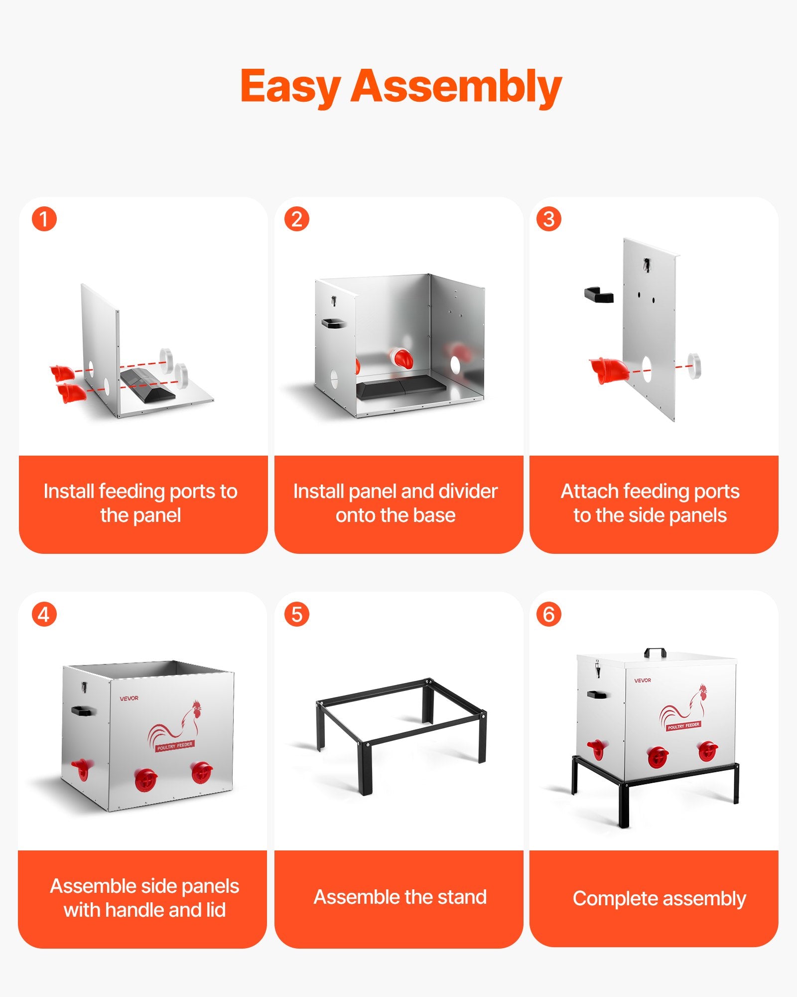 Automatic Chicken Feeder, 38.56 kg Capacity, 6 Feeding Ports No-Waste Poultry Feeder with Built-In Divider, with Latch & Handle, Metal Construction, for Chickens Bantams Pheasants Poultry Coop