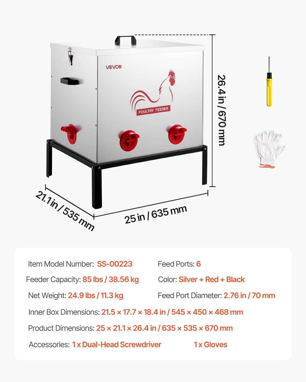 Automatic Chicken Feeder, 38.56 kg Capacity, 6 Feeding Ports No-Waste Poultry Feeder with Built-In Divider, with Latch & Handle, Metal Construction, for Chickens Bantams Pheasants Poultry Coop