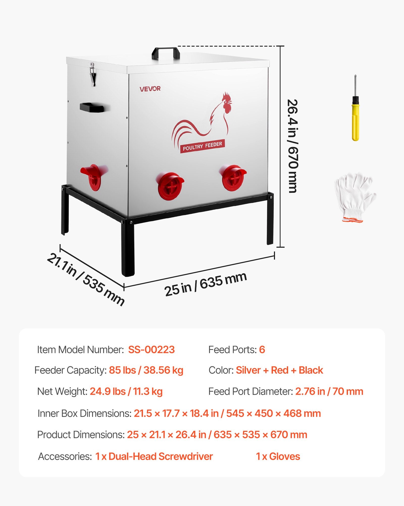 Automatic Chicken Feeder, 38.56 kg Capacity, 6 Feeding Ports No-Waste Poultry Feeder with Built-In Divider, with Latch & Handle, Metal Construction, for Chickens Bantams Pheasants Poultry Coop
