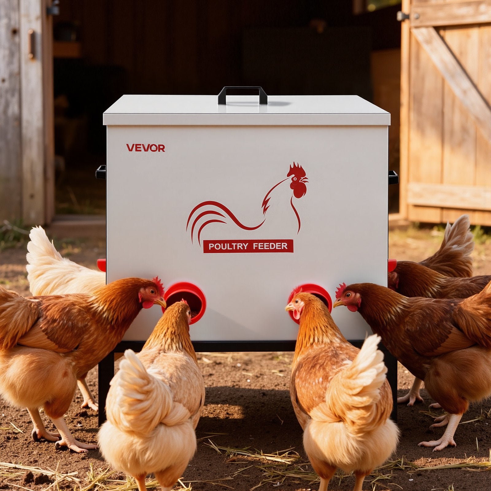Automatic Chicken Feeder, 38.56 kg Capacity, 6 Feeding Ports No-Waste Poultry Feeder with Built-In Divider, with Latch & Handle, Metal Construction, for Chickens Bantams Pheasants Poultry Coop