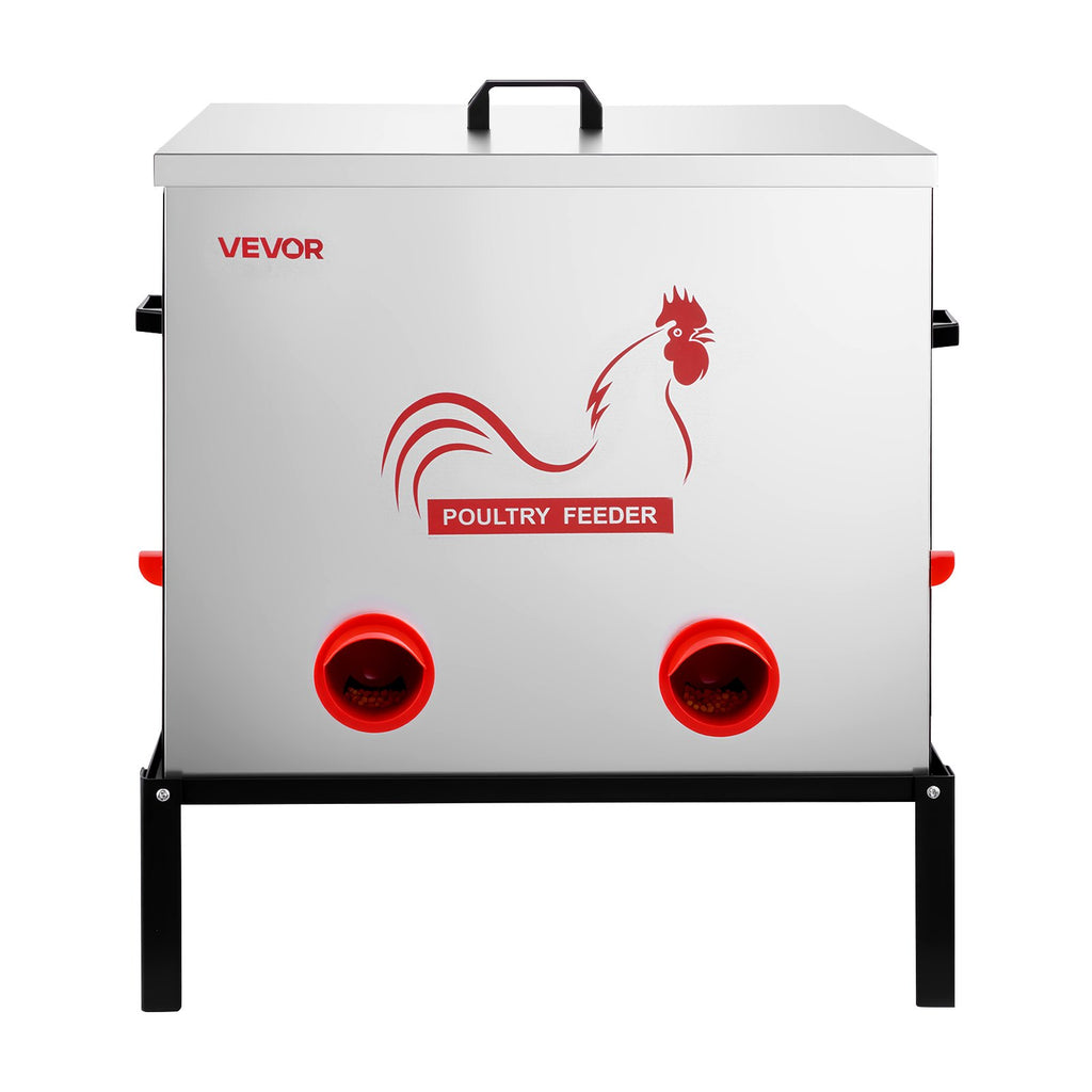 Automatic Chicken Feeder, 38.56 kg Capacity, 6 Feeding Ports No-Waste Poultry Feeder with Built-In Divider, with Latch & Handle, Metal Construction, for Chickens Bantams Pheasants Poultry Coop