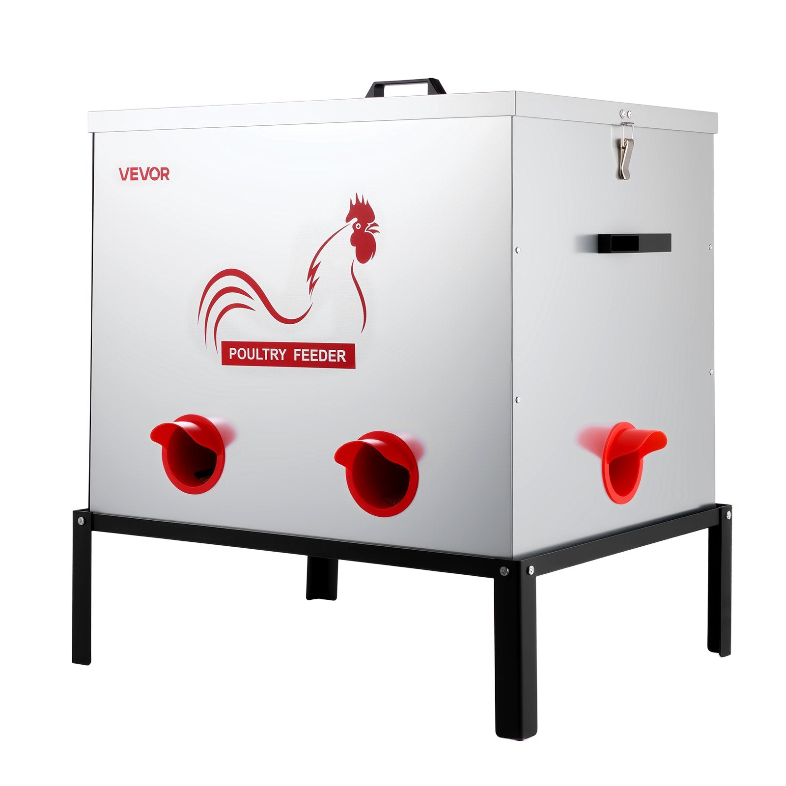 Automatic Chicken Feeder, 38.56 kg Capacity, 6 Feeding Ports No-Waste Poultry Feeder with Built-In Divider, with Latch & Handle, Metal Construction, for Chickens Bantams Pheasants Poultry Coop