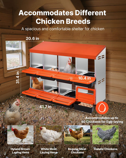 2 Tiers Chicken Nesting Boxes, 8 Compartments, Metal Egg Laying Boxes with Protective Collection Lids, Roll Out Nesting Box, Easy to Assemble, Ideal for Hens, Ducks, Chickens, and Other Poultry