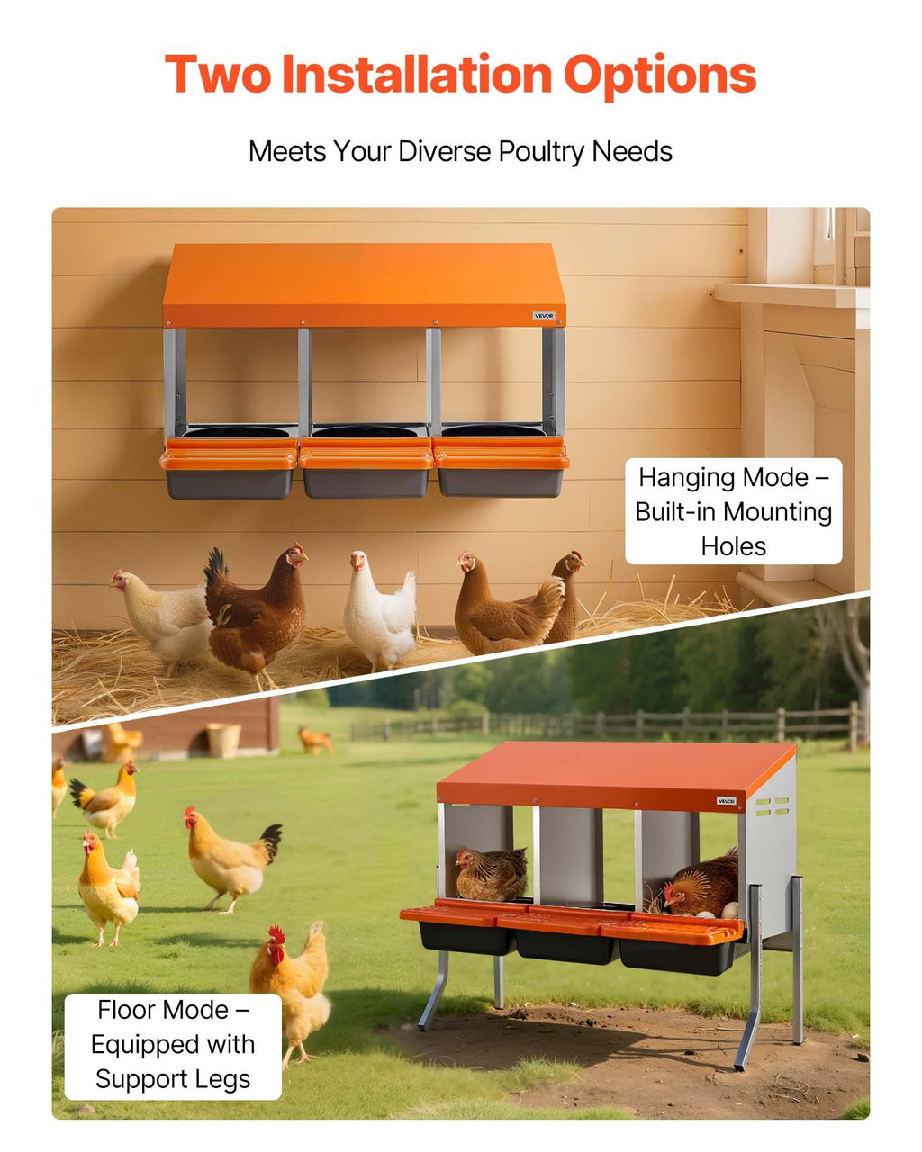 Chicken Nesting Boxes, 3 Compartments, with Support Legs, Easy Egg Collection, Galvanized Steel and High-Strength Plastic, Roll Away Nesting Boxes for Chickens and Hens Laying Eggs, Orange
