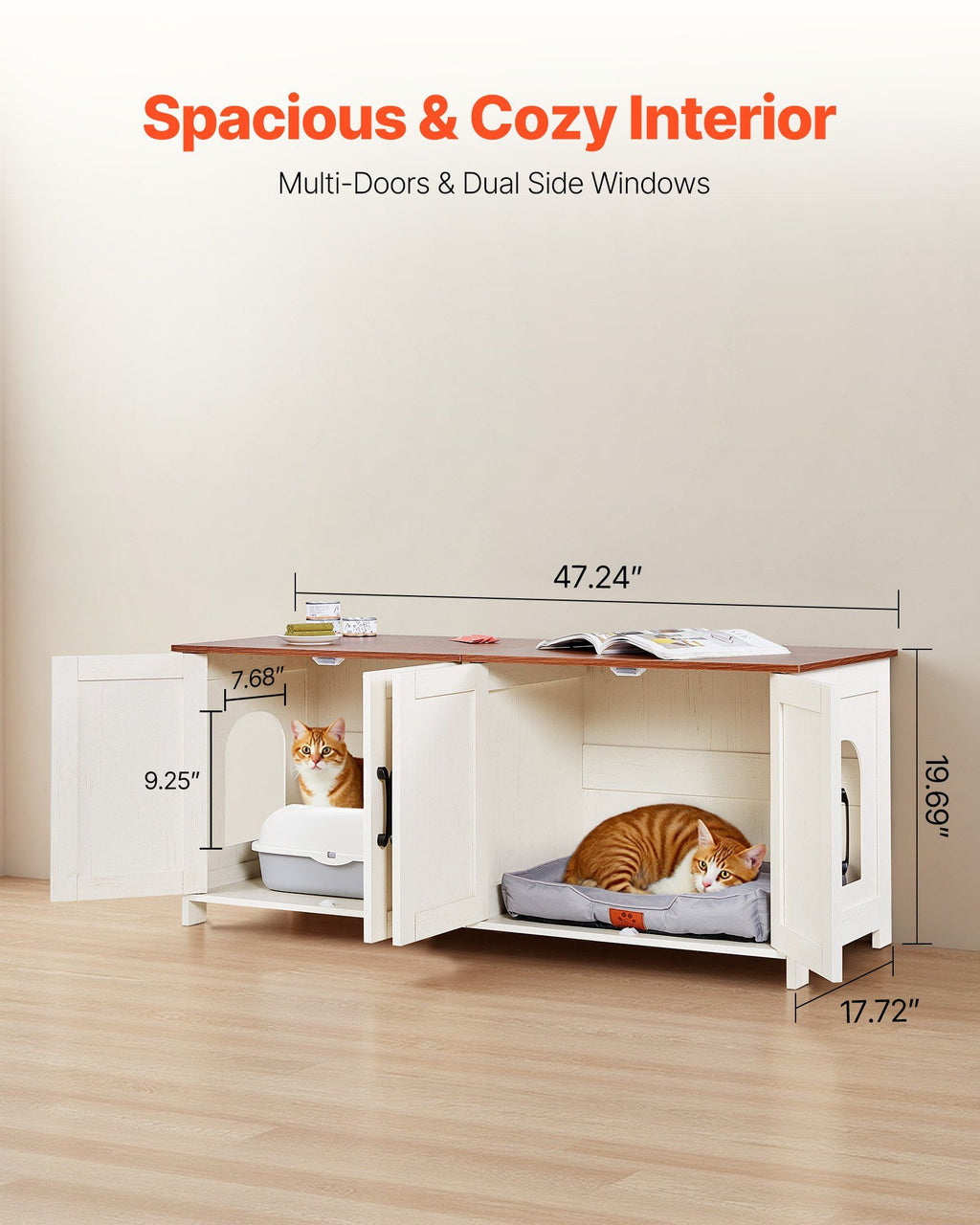 Cat Litter Box Enclosure for Multi Cats, 120 cm Hidden Litter Box Cabinet with 4 Doors & 2 Entries, Indoor Cat Washroom, Wooden Kitty House Furniture, Fit Most Litterboxes, Brown & White