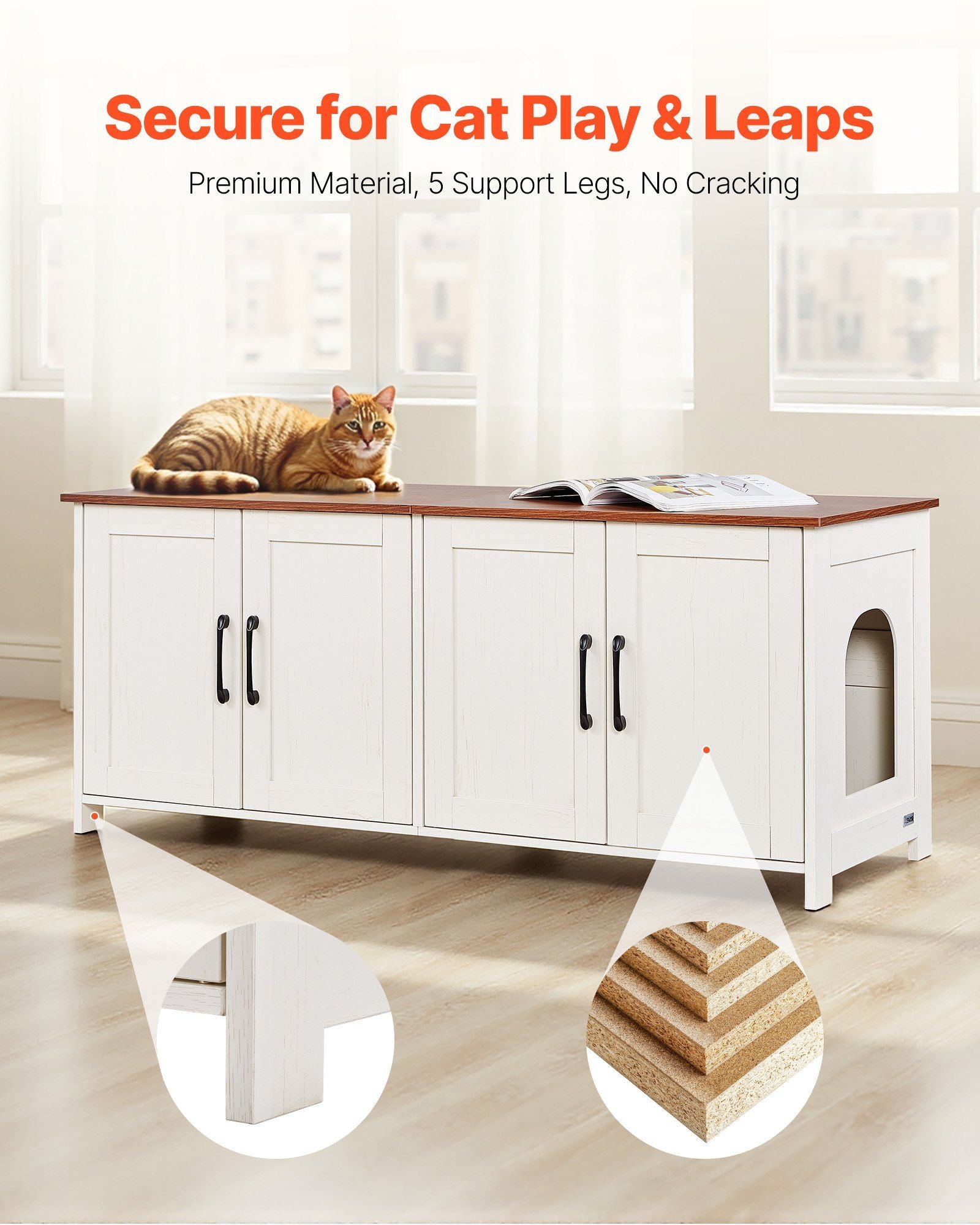 Cat Litter Box Enclosure for Multi Cats, 120 cm Hidden Litter Box Cabinet with 4 Doors & 2 Entries, Indoor Cat Washroom, Wooden Kitty House Furniture, Fit Most Litterboxes, Brown & White