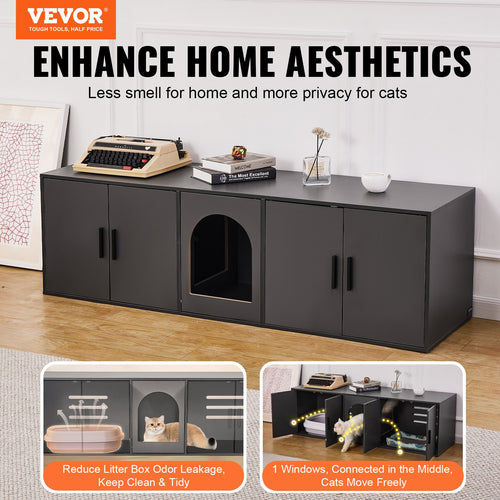 57.9 Inch Black Cat Litter Box Enclosure Wooden Furniture Hidden Multi Door Cabinet For Private Pet Space