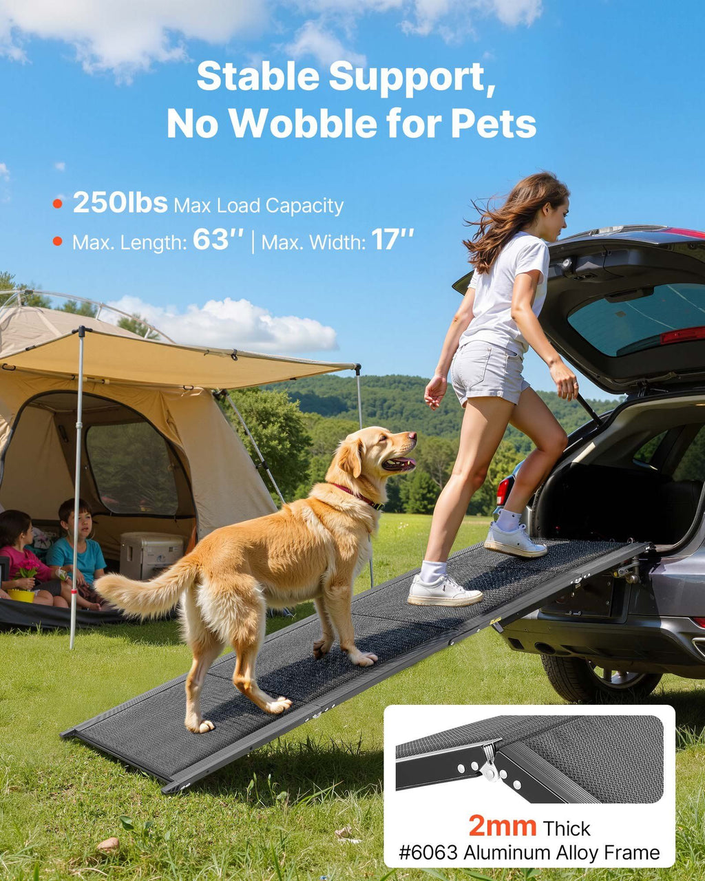 Dog Ramp for Cars, 1600 × 432 mm, Folding Pet Ramps for Medium & Large Dogs up to 113 kg, Pet Stair Ramp with Non-Slip Oxford Fabric Surface, Portable Outdoor Dog Car Ramps for SUV & Truck