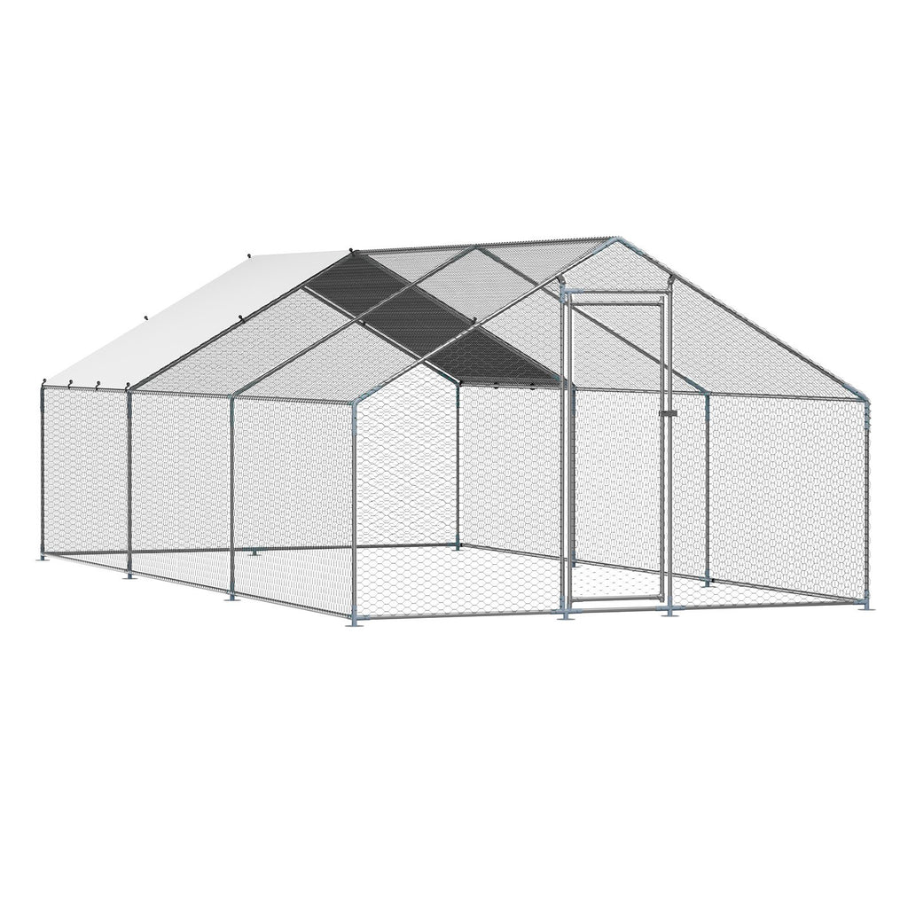 Metal Chicken Coop 9.8x19.6x6.5 ft Walk-in Chicken Run with Cover Spire Roof