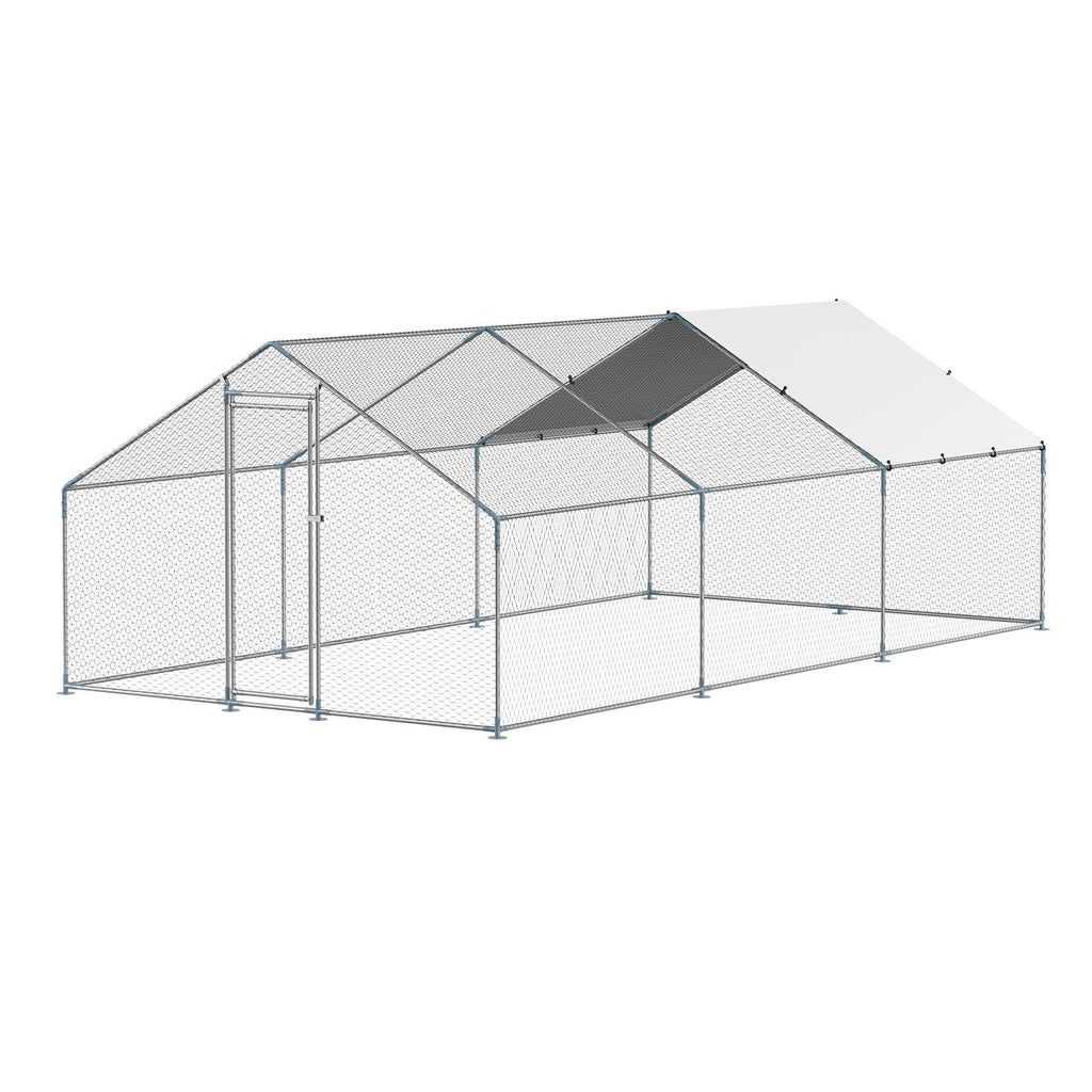 Metal Chicken Coop 9.8x19.6x6.5 ft Walk-in Chicken Run with Cover Spire Roof