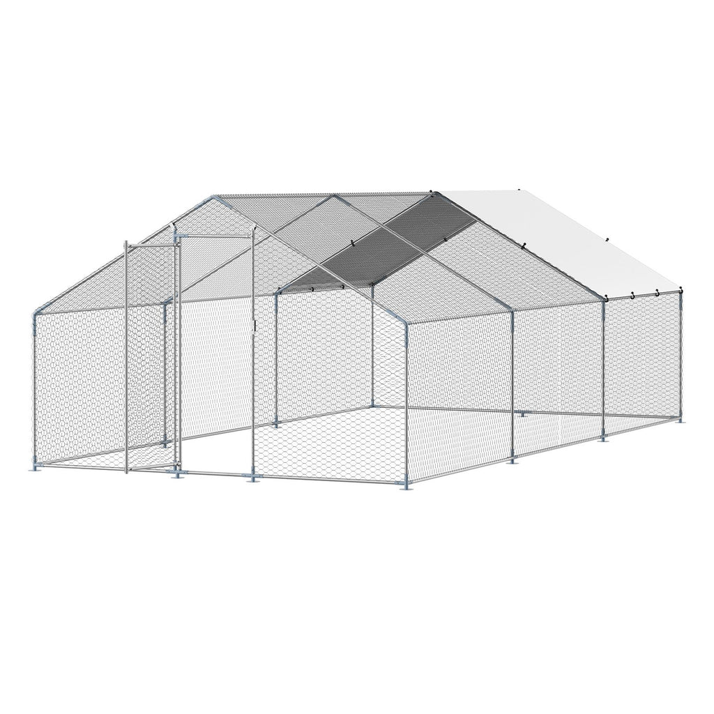 Metal Chicken Coop 9.8x19.6x6.5 ft Walk-in Chicken Run with Cover Spire Roof