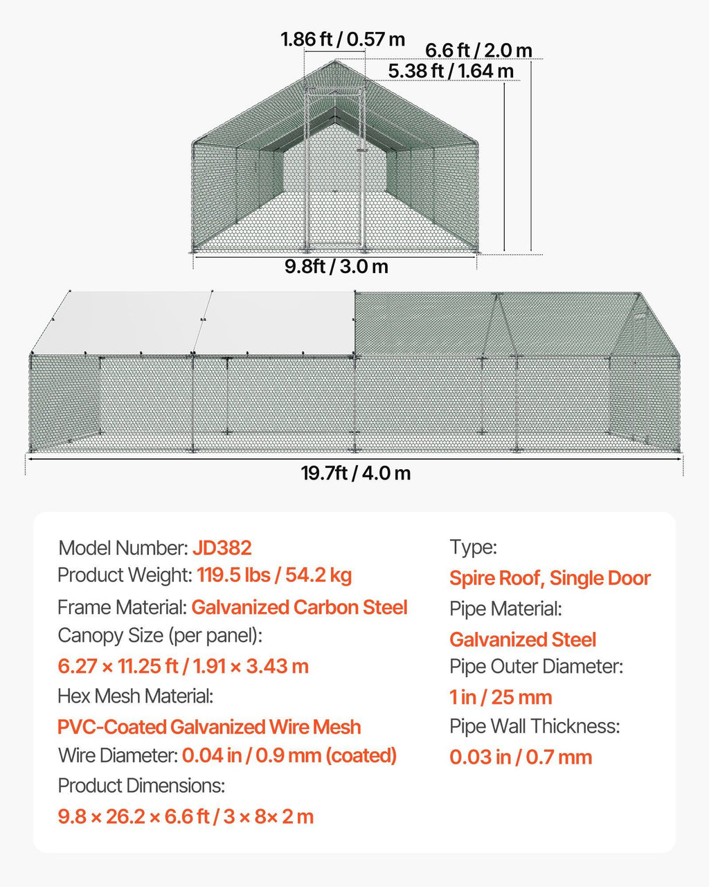 Metal Chicken Coop, 9.8x26.2x6.5 ft Large Walk-in Chicken Runs with Cover, Spire Roof Hen House Enclosure with Security Lock, Outdoor Duck Rabbit Cage Poultry Pen for Backyard, Farm, Yard