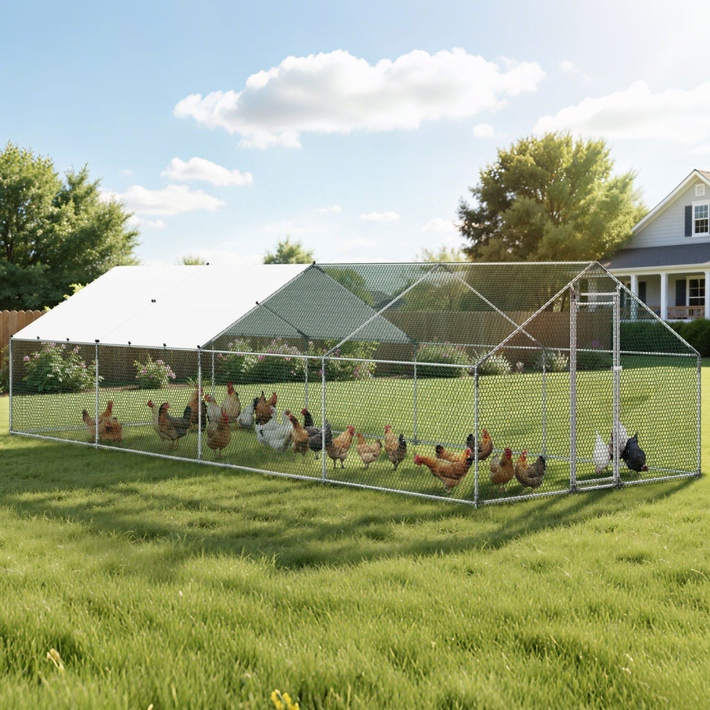 Metal Chicken Coop, 9.8x26.2x6.5 ft Large Walk-in Chicken Runs with Cover, Spire Roof Hen House Enclosure with Security Lock, Outdoor Duck Rabbit Cage Poultry Pen for Backyard, Farm, Yard
