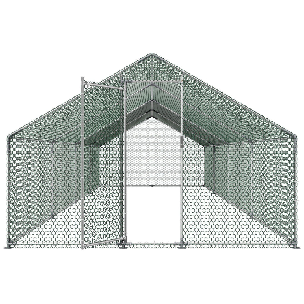 Metal Chicken Coop, 9.8x26.2x6.5 ft Large Walk-in Chicken Runs with Cover, Spire Roof Hen House Enclosure with Security Lock, Outdoor Duck Rabbit Cage Poultry Pen for Backyard, Farm, Yard