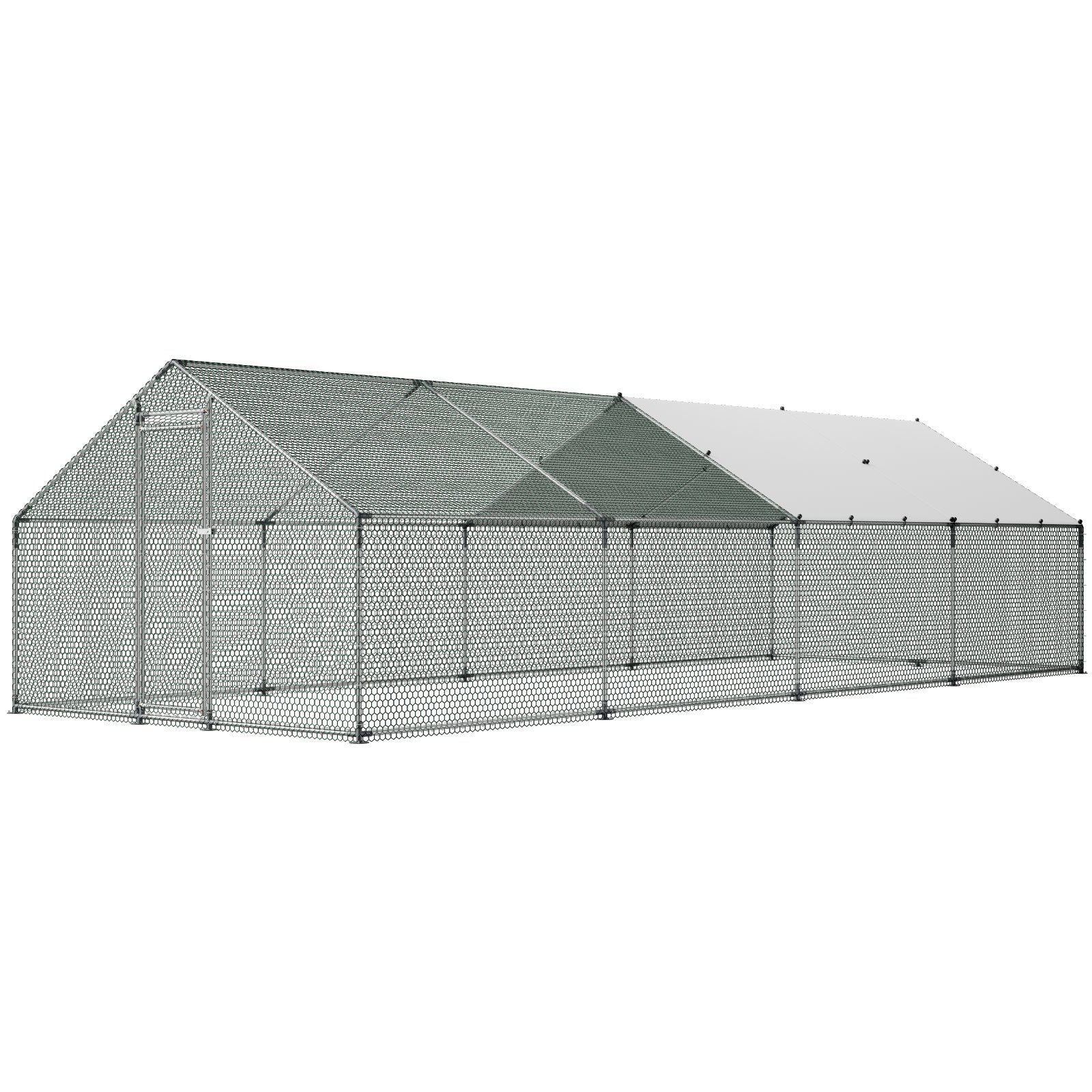 Metal Chicken Coop, 9.8x26.2x6.5 ft Large Walk-in Chicken Runs with Cover, Spire Roof Hen House Enclosure with Security Lock, Outdoor Duck Rabbit Cage Poultry Pen for Backyard, Farm, Yard