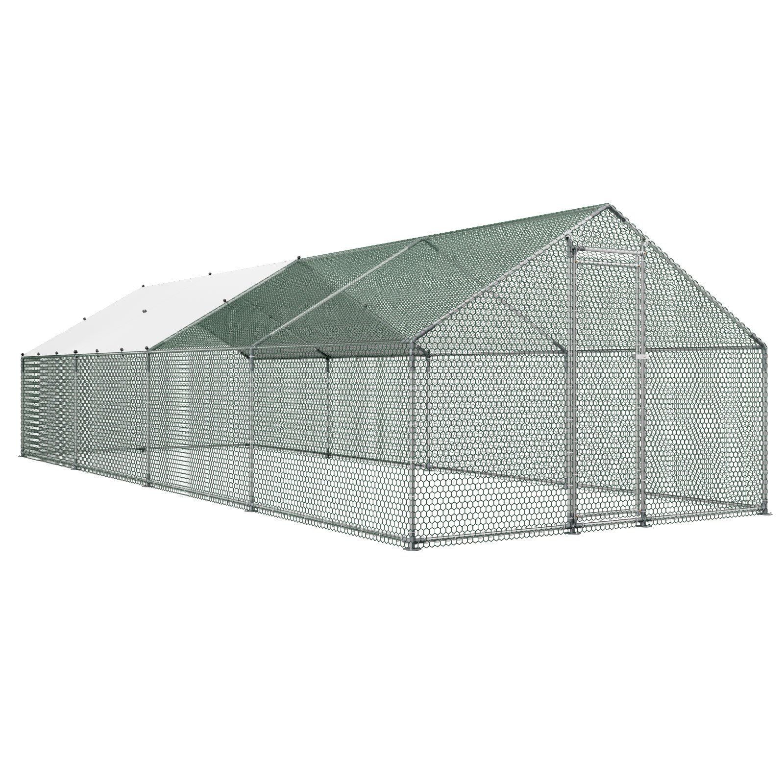 Metal Chicken Coop, 9.8x26.2x6.5 ft Large Walk-in Chicken Runs with Cover, Spire Roof Hen House Enclosure with Security Lock, Outdoor Duck Rabbit Cage Poultry Pen for Backyard, Farm, Yard