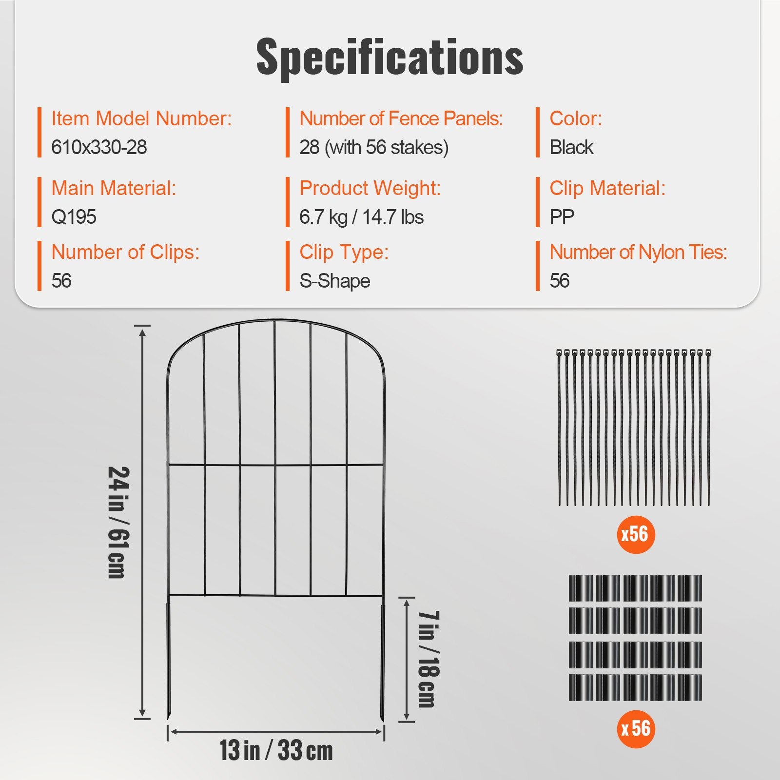 Garden Fence, No Dig Fence 61 x 33 cm Animal Barrier Fence, Underground Decorative Garden Fencing with 5.08 cm Spike Spacing, Metal Dog Fence for the Yard and Outdoor Patio, 28 Pack