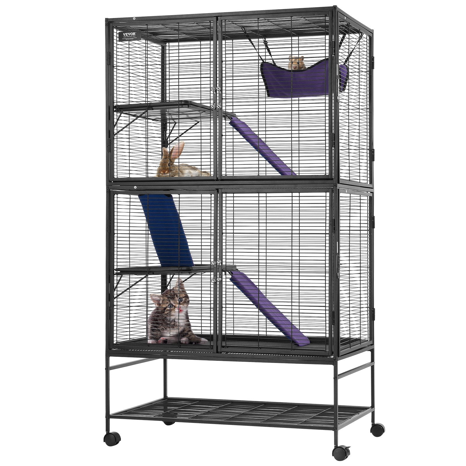 64.6" Metal Small Animal Cage 4-Tier Rolling Ferret Cage with Tray 3 Ramps