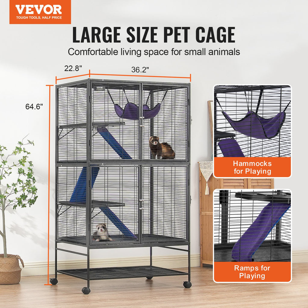 64.6" Metal Small Animal Cage 4-Tier Rolling Ferret Cage with Tray 3 Ramps