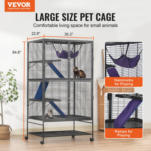 64.6" Metal Small Animal Cage 4-Tier Rolling Ferret Cage with Tray 3 Ramps