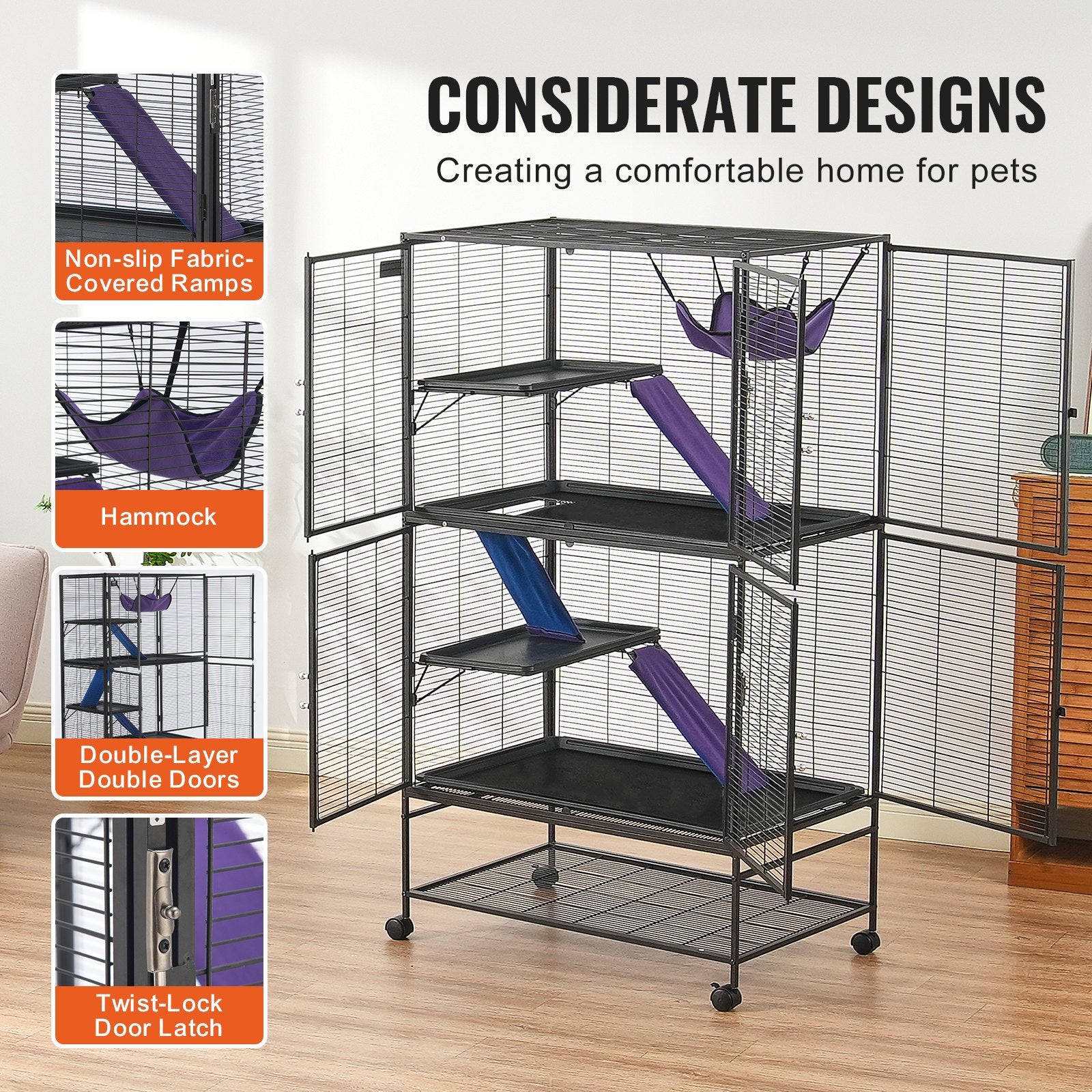 64.6" Metal Small Animal Cage 4-Tier Rolling Ferret Cage with Tray 3 Ramps
