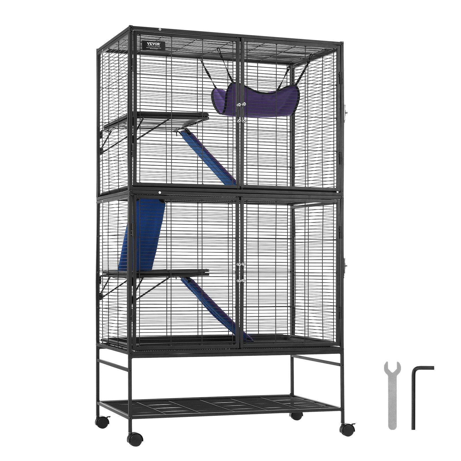 64.6" Metal Small Animal Cage 4-Tier Rolling Ferret Cage with Tray 3 Ramps