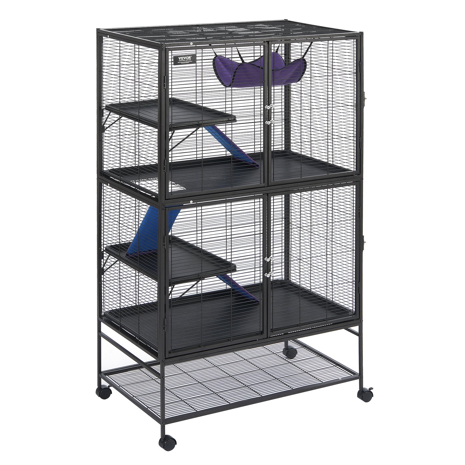 64.6" Metal Small Animal Cage 4-Tier Rolling Ferret Cage with Tray 3 Ramps