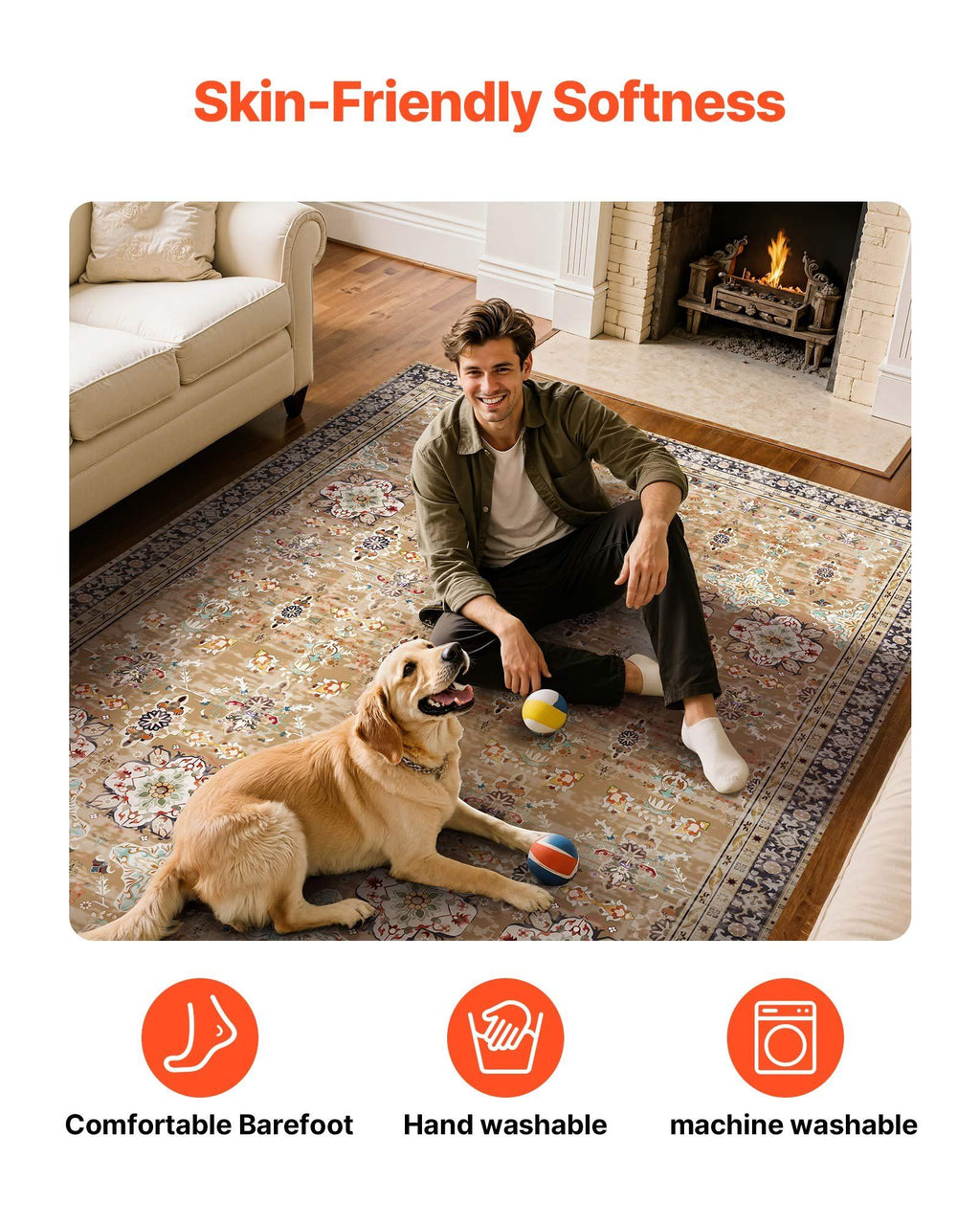 Area Rug, 1828.8x2743.2mm Large Washable Rug, Non-Slip Tear-Resistant Soft Carpet, Pet & Child Friendly Vintage Area Rugs, Indoor Mat for Bedroom, Living Room, Kids Room, Entryway, Brown Green