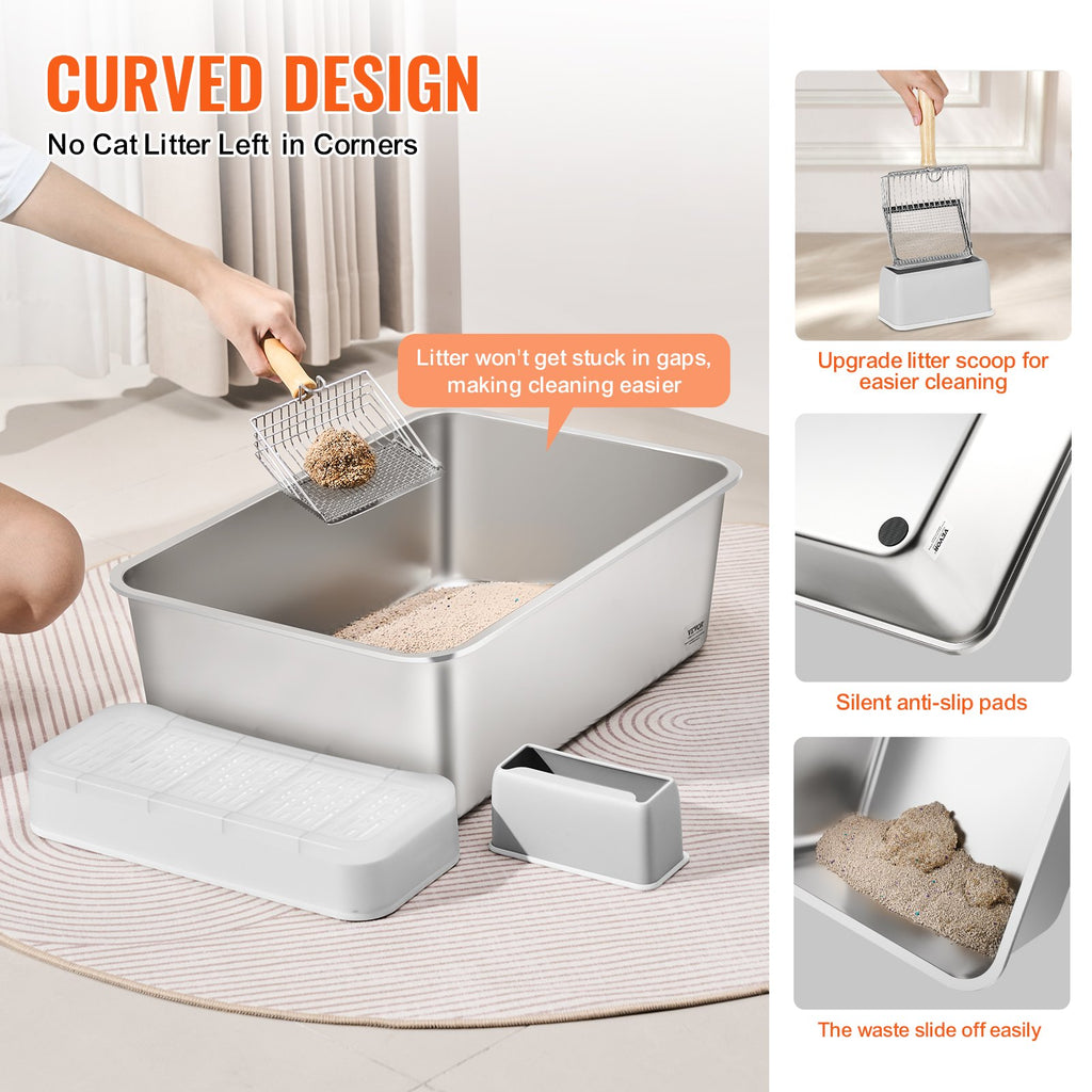 Cat Litter Box, 203 mm Deep, XL Extra Large Stainless Steel Cat Litter Box with Scoop, Wide Filtering Foot Board & High Sides, Enclosed Odor-Free Easy-to-Clean Litter Box, Fit for Big Cats
