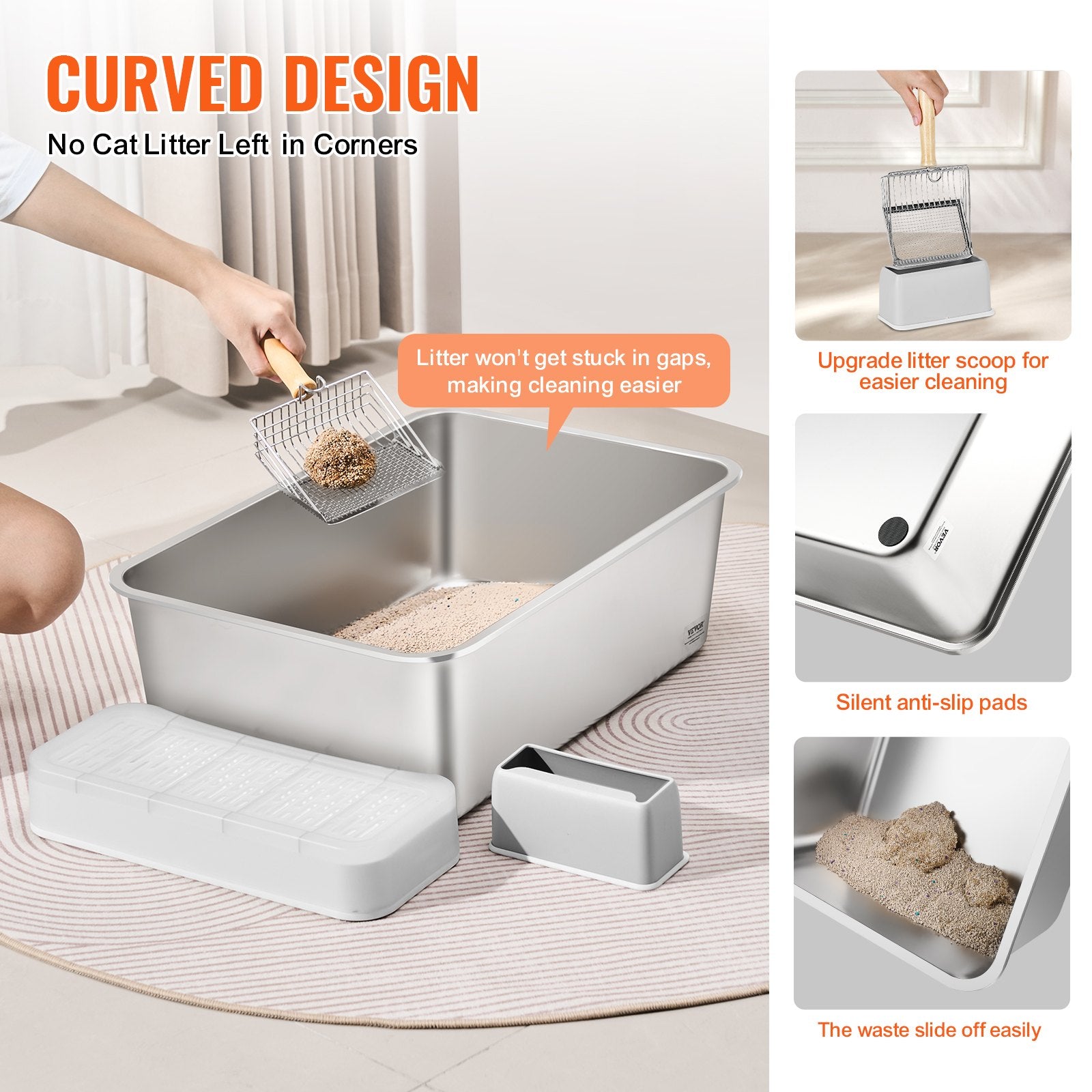 Cat Litter Box, 203 mm Deep, XL Extra Large Stainless Steel Cat Litter Box with Scoop, Wide Filtering Foot Board & High Sides, Enclosed Odor-Free Easy-to-Clean Litter Box, Fit for Big Cats