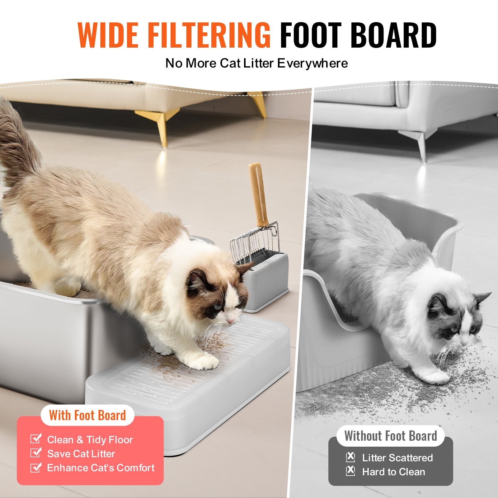 Cat Litter Box, 203 mm Deep, XL Extra Large Stainless Steel Cat Litter Box with Scoop, Wide Filtering Foot Board & High Sides, Enclosed Odor-Free Easy-to-Clean Litter Box, Fit for Big Cats