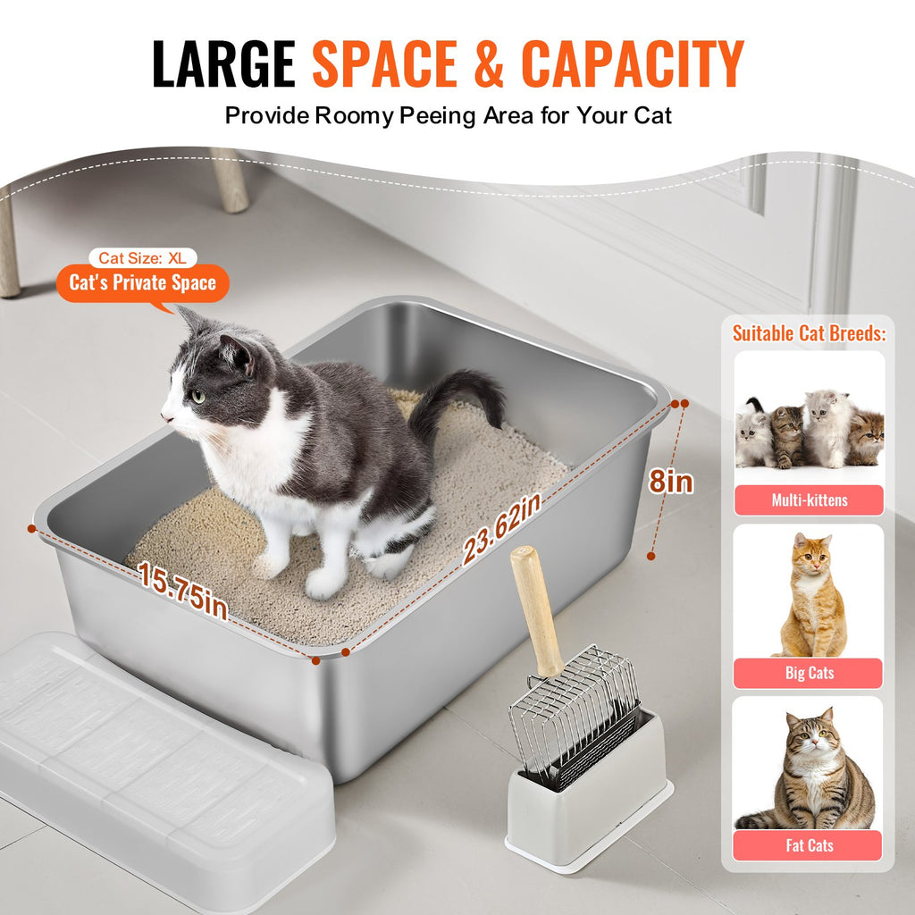 Cat Litter Box, 203 mm Deep, XL Extra Large Stainless Steel Cat Litter Box with Scoop, Wide Filtering Foot Board & High Sides, Enclosed Odor-Free Easy-to-Clean Litter Box, Fit for Big Cats