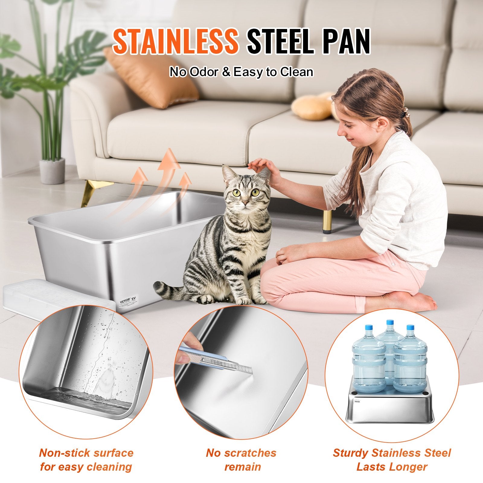 Cat Litter Box, 203 mm Deep, XL Extra Large Stainless Steel Cat Litter Box with Scoop, Wide Filtering Foot Board & High Sides, Enclosed Odor-Free Easy-to-Clean Litter Box, Fit for Big Cats