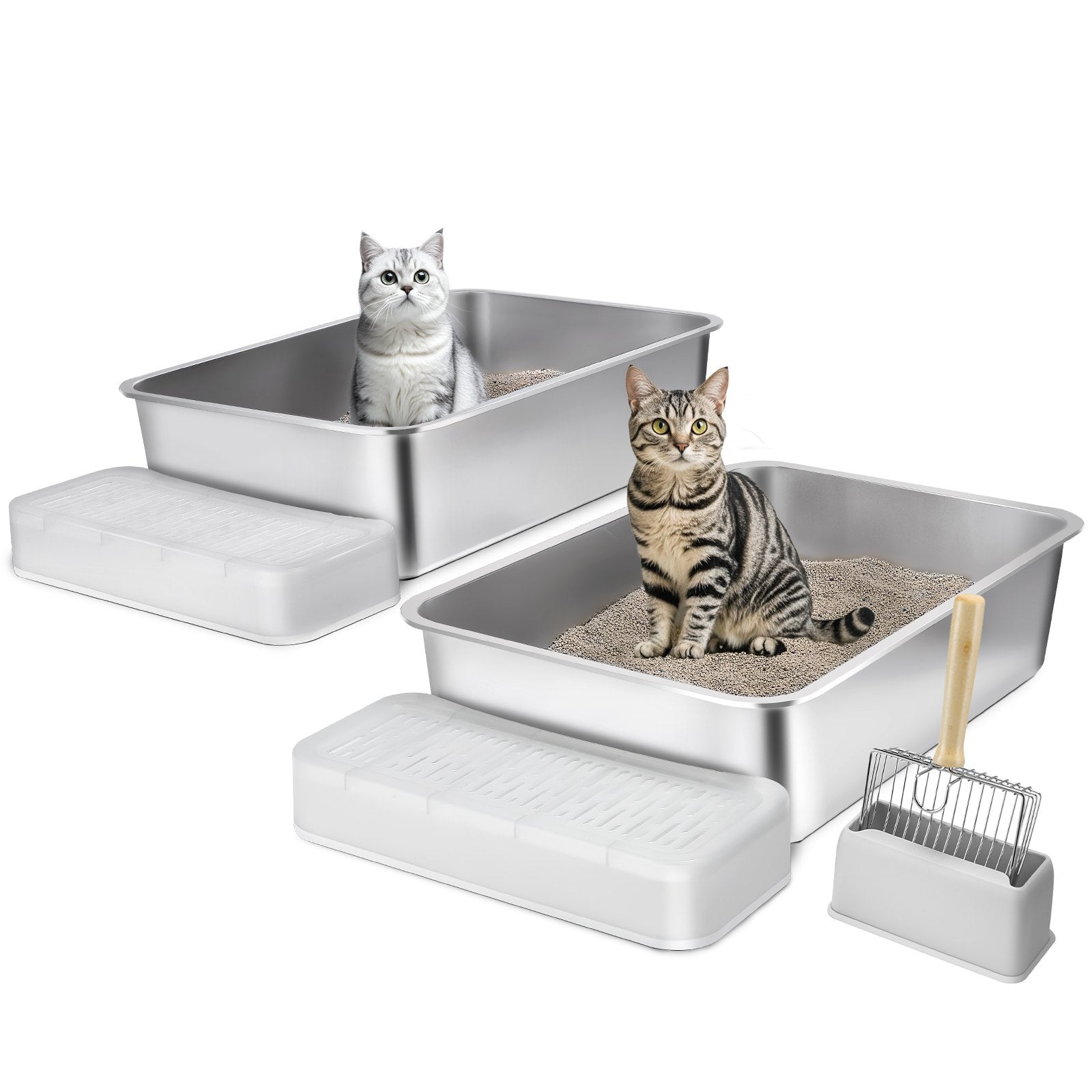 Cat Litter Box, 152 mm Deep, XL Extra Large Stainless Steel Cat Litter Box with Scoop, Wide Filtering Foot Board & High Sides, Enclosed Odor-Free Easy-to-Clean Litter Box, Fit for Big Cats
