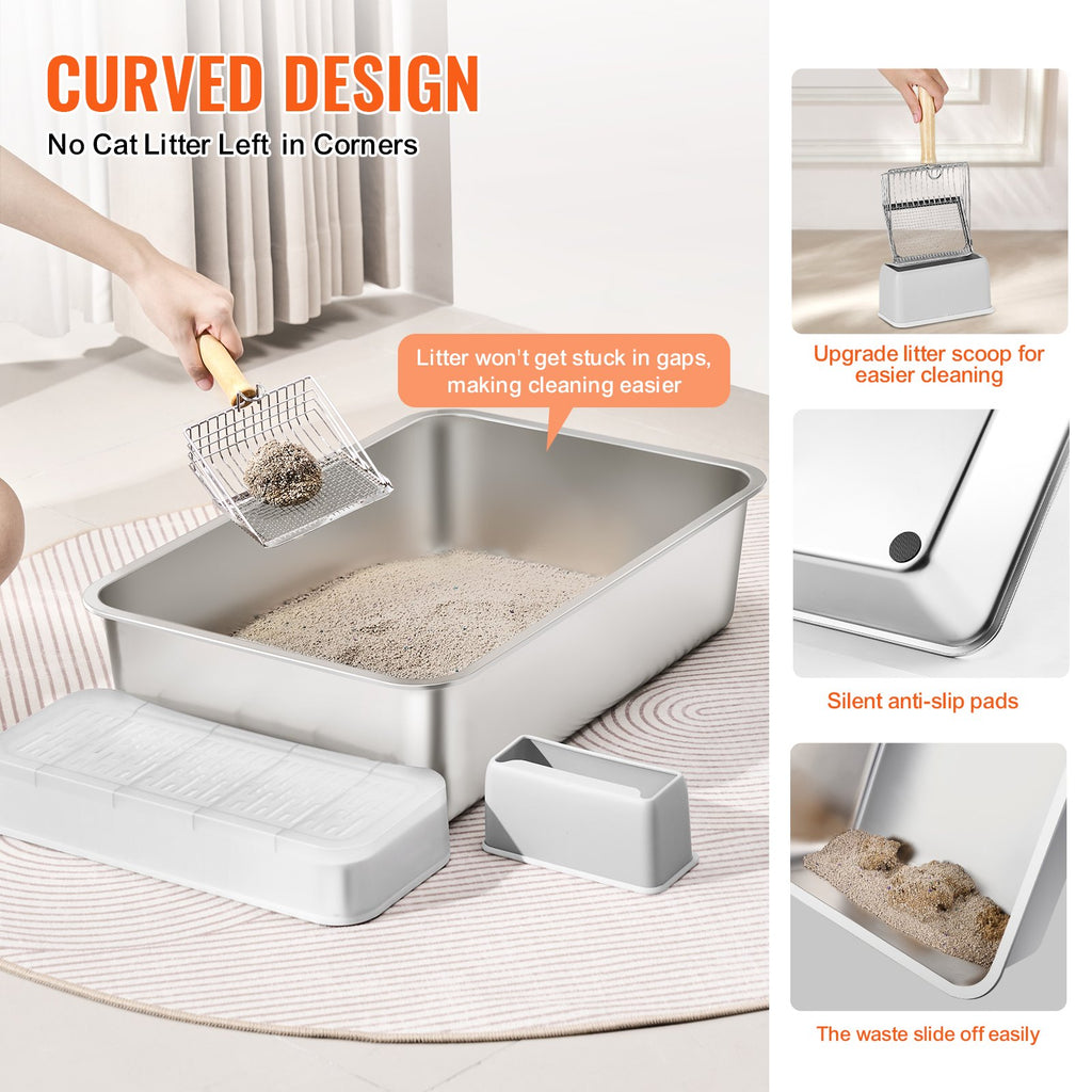 Cat Litter Box, 152 mm Deep, XL Extra Large Stainless Steel Cat Litter Box with Scoop, Wide Filtering Foot Board & High Sides, Enclosed Odor-Free Easy-to-Clean Litter Box, Fit for Big Cats