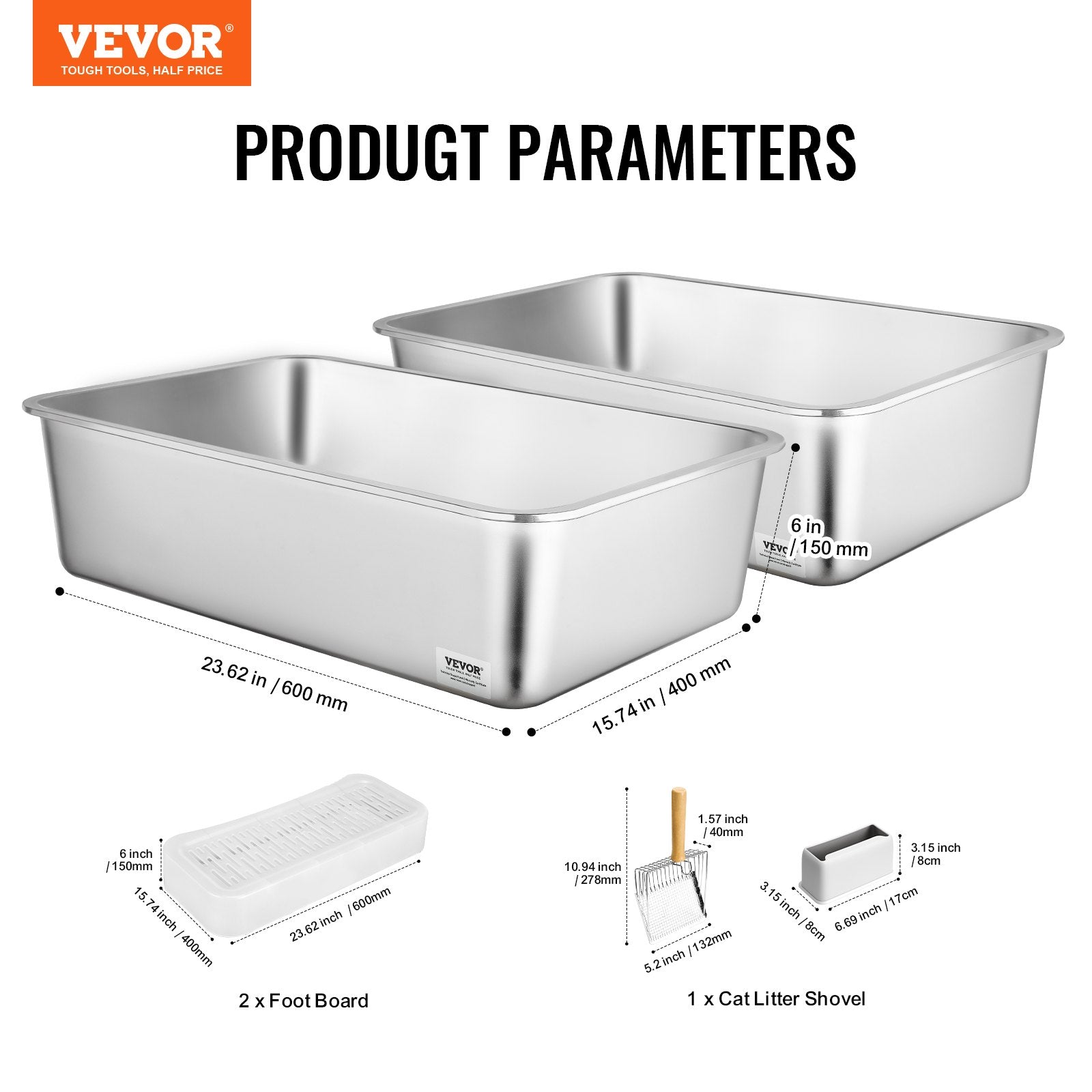 Cat Litter Box, 152 mm Deep, XL Extra Large Stainless Steel Cat Litter Box with Scoop, Wide Filtering Foot Board & High Sides, Enclosed Odor-Free Easy-to-Clean Litter Box, Fit for Big Cats