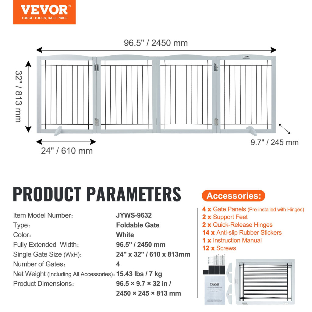Free Standing Dog Gate, 32" H x 96.5" W Freestanding Pet Gate, 4 Panels Foldable Dog Gate for Wide and Narrow Passageways, Expandable Dog Barrier with Silent Foot Support for Indoor, White
